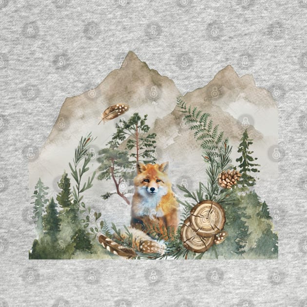 Mountain Forest Red Fox Watercolor by Bramblier